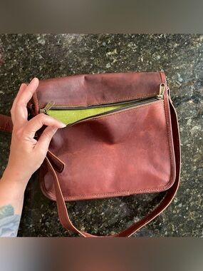 Classic Brown Leather Crossbody Bag with Olive Lining